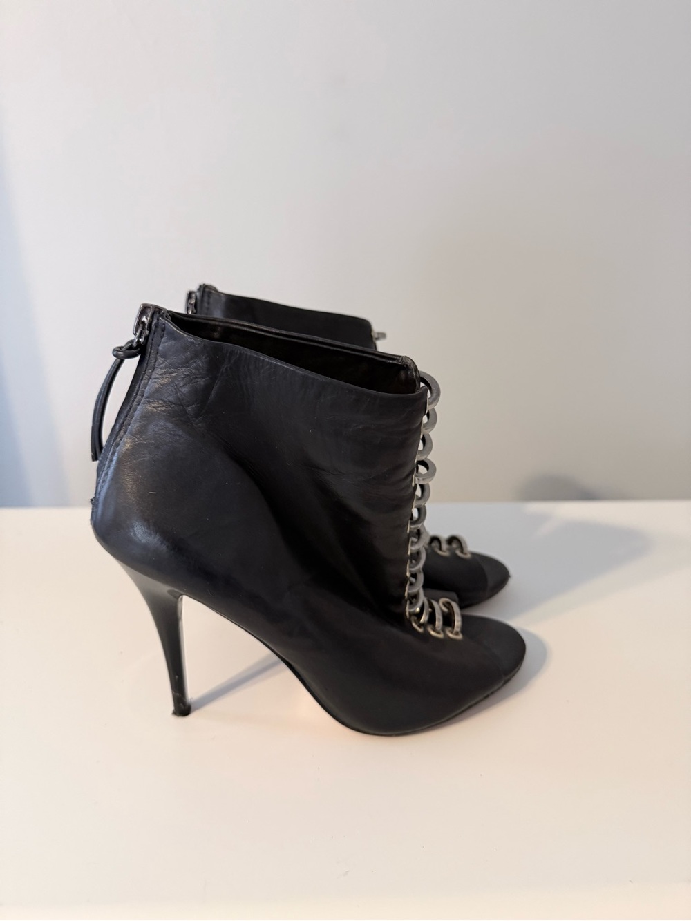 L.A.M.B. Black Leather Chain-Trim Stiletto Ankle Booties